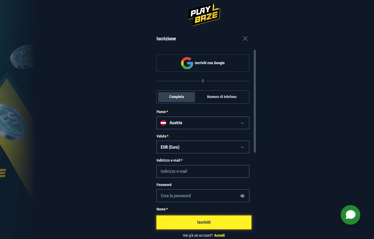 Registrazione Playbaze Casino 2